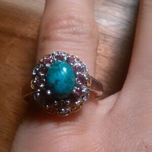Chrysocolla and Orissa Rose Garnet Sterling Silver Floral Ring (Size 5)